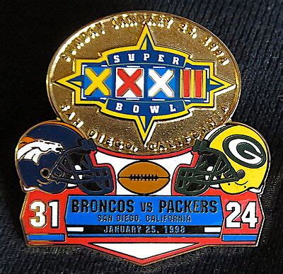 SUPER BOWL 32 ~ DENVER BRONCOS / PACKERS Final Score LAPEL PIN ~ Willabee & Ward | eBay