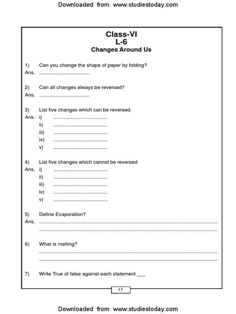 CBSE Class 6 Changes Around Us Worksheet