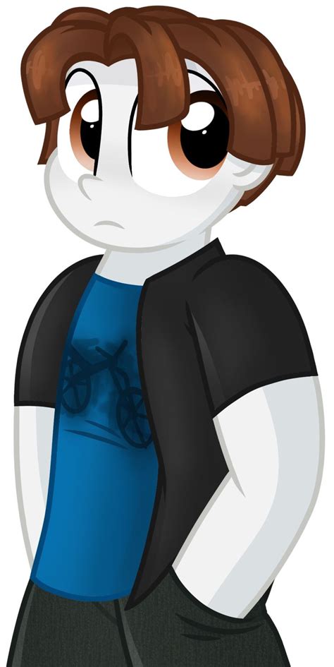 a cartoon character with brown hair wearing a blue shirt and black ...