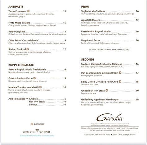 Menu at Gamba Ristorante steakhouse, Merrillville