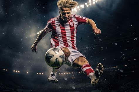 Premium AI Image | Soccer Player Kicking Ball MidAir during a Match