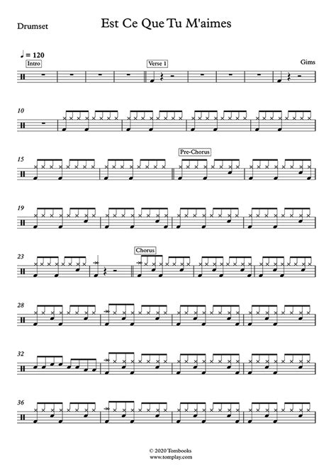 Est-ce que tu m'aimes ? (Easy/Intermediate Level) (Gims) - Drums Sheet ...