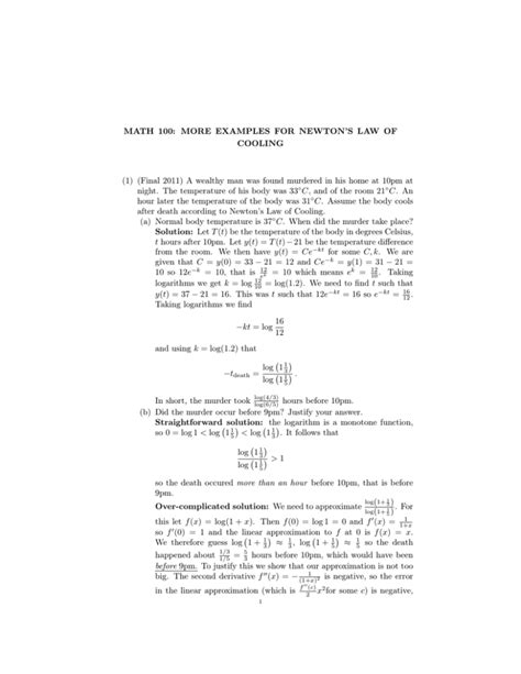 MATH 100: MORE EXAMPLES FOR NEWTON’S LAW OF COOLING