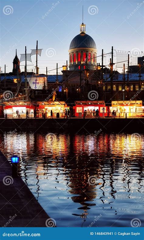 View of Montreal Old Port and the Dome of Bonsecours Market at Night ...