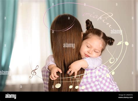 Mother singing lullaby to her daughter at home. Music notes illustrations flying around woman ...