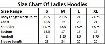 New Size Chart Of Ladies hoodies – Stayclassy.in