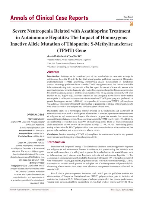 (PDF) SEVERE NEUTROPENIA RELATED WITH AZATHIOPRINE TREATMENT IN AUTOIMMUNE HEPATITIS: THE IMPACT ...