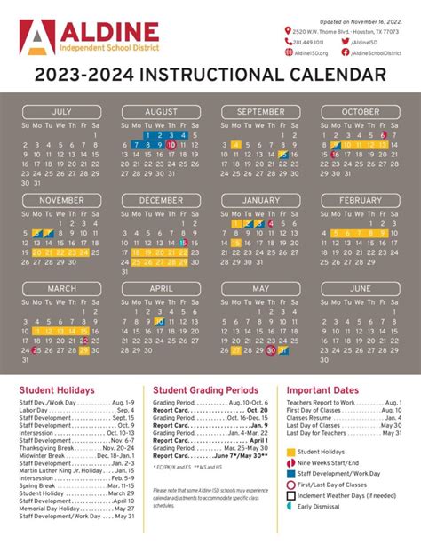 Aldine Independent School District Calendar 2023-2024 in PDF