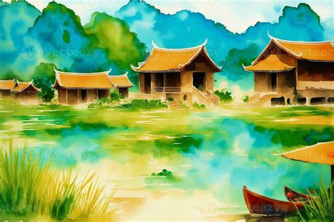 A chinese village. Watercolor Painting of a Tranquil Chinese Village ...