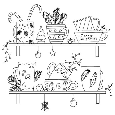 Premium Vector | Coloring page. christmas mugs and decorations.