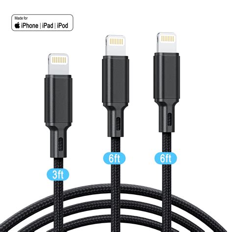 Apple MFi 3Pack, iPhone Charger Cables (3/6/6ft), Fast Charging for iPhone 13/12/11/X/iPad Air 2 ...