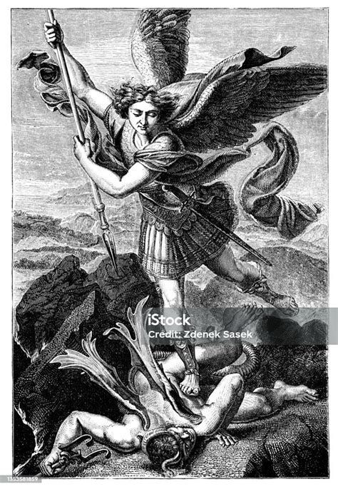 Archangel Michael Fighting With Devil Bible Revelation Old Testament Vintage Antique Drawing ...