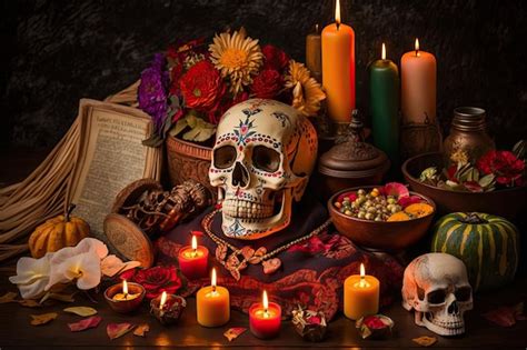 Premium AI Image | Day of the dead altar with offerings and candles to guide the soul of the dead