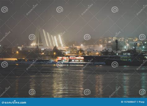 Tromso Bridge Across Tromsoysundet Strait at Night Editorial ...