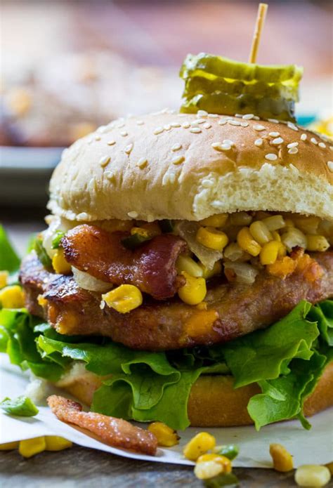 Pork Burgers with Bacon-Corn Saute - Spicy Southern Kitchen