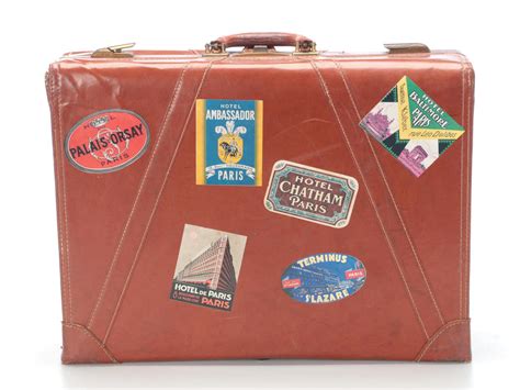 Vintage Leather-Covered Suitcase with International Travel Stickers | EBTH