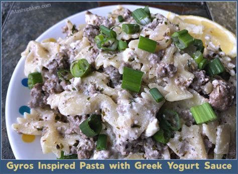 Gyros Inspired Pasta with Greek Yogurt Sauce