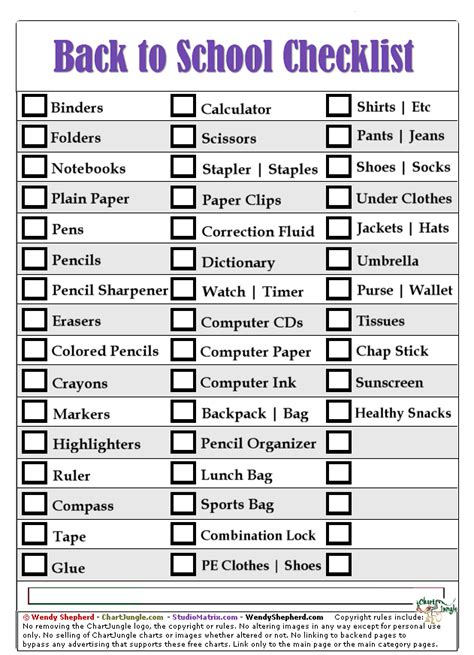 the back to school checklist is shown in purple and black, with text on it