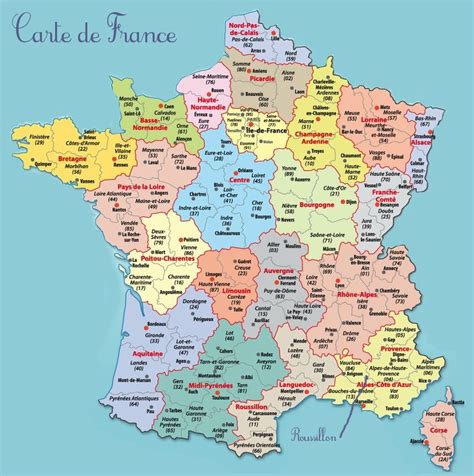 a large map of france with all the major cities and their respective departments in bright colors