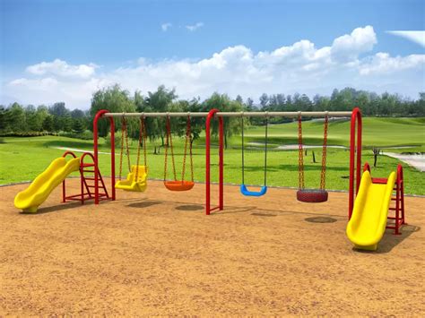 4 seats steel swing set with 2 wave shaped slides | playground set