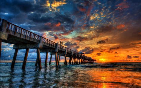 Download Horizon Ocean Sky Sunset Man Made Pier HD Wallpaper