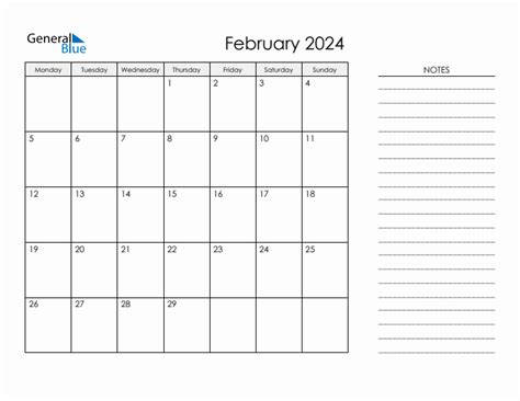 February 2024 Monday Start Calendar (PDF, Excel, Word)