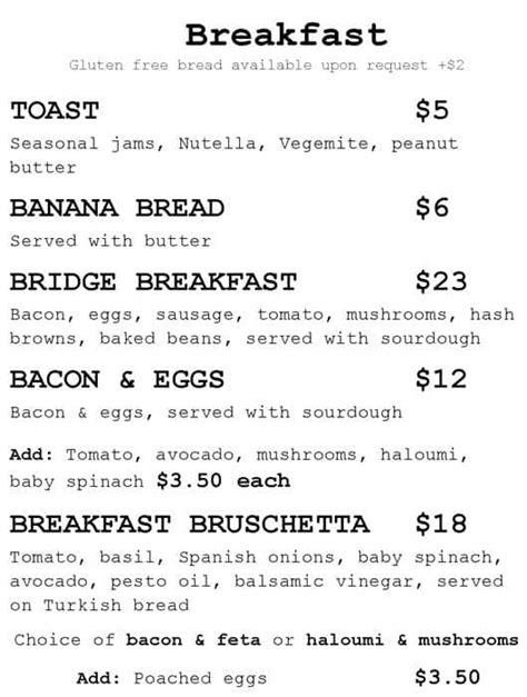 Bridge cafe Menu, Menu for Bridge cafe, Windsor, Sydney - Urbanspoon/Zomato