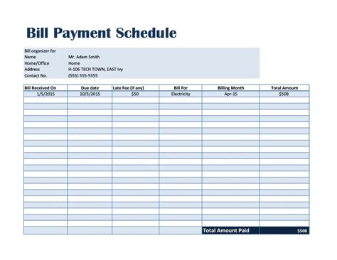 Printable Payment Schedule Template - Printable World Holiday