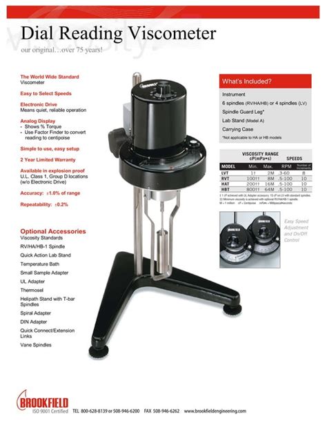 Brookfield Dial Viscometer Technical Brochures for Models LVT, RVT, HAT, HBT