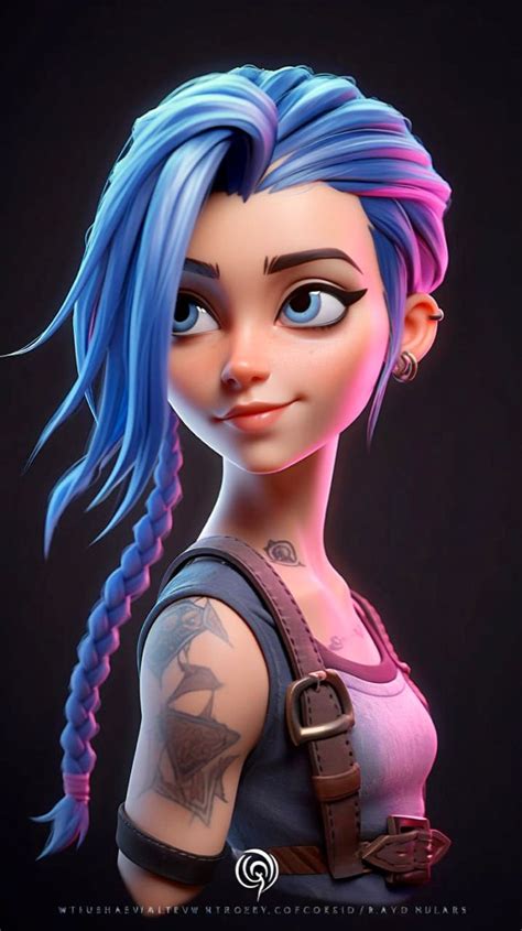 a cartoon character with blue hair and tattoos