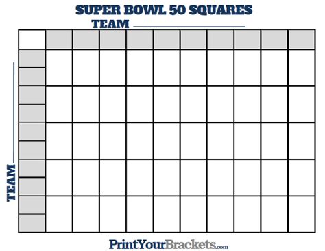 Printable Super Bowl Squares 50 Grid Office Pool