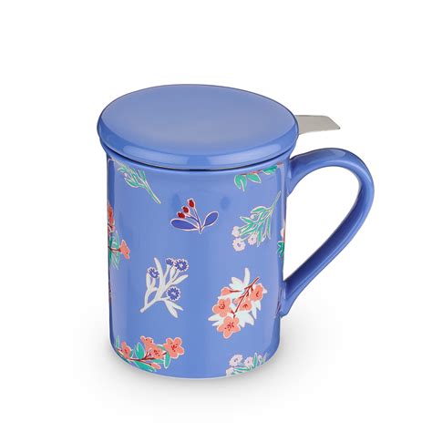 Pinky Up Annette Tea Flower Blue Ceramic Tea Mug and Infuser, Loose Leaf Tea Accessories, Travel ...