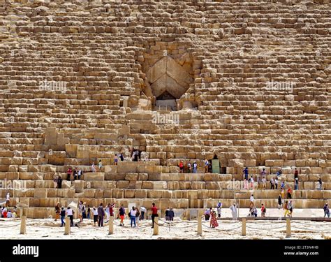 Pyramids in Giza, Egypt: Front view of Great pyramid also known as Khufu / Cheops showing the ...