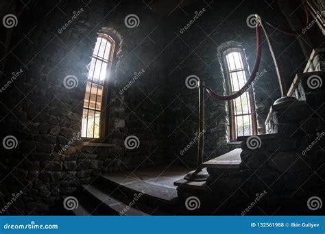 Inside of Old Creepy Abandoned Mansion. Staircase and Colonnade. Dark ...