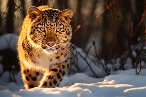 Premium AI Image | Amur leopard emerges from the snowy forest in the ...