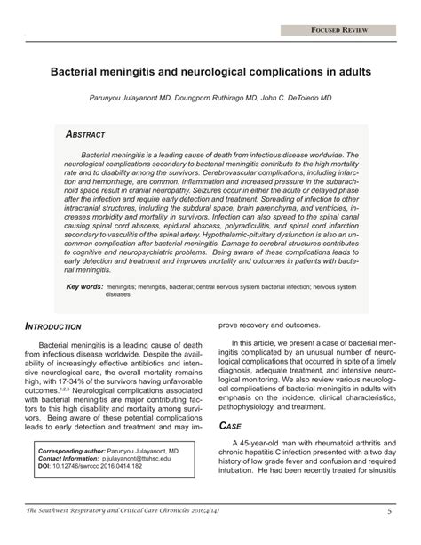 (PDF) Bacterial meningitis and neurological complications in adults