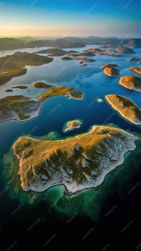 Premium AI Image | A landscape of islands with a green ocean and a blue ...