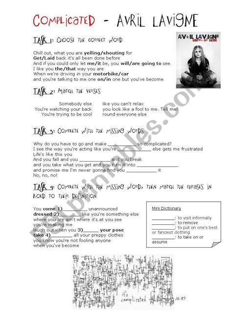 Song: Complicated - Avril Lavigne - ESL worksheet by Cyn.