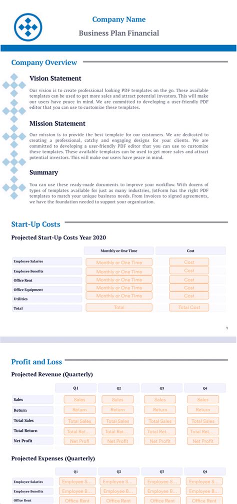 Business Plan Financial Template - Sign Templates | Jotform