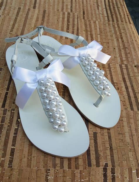 White wedding sandals with white pearls and bow, Pearl sandals, Beach wedding shoes, Bridal ...