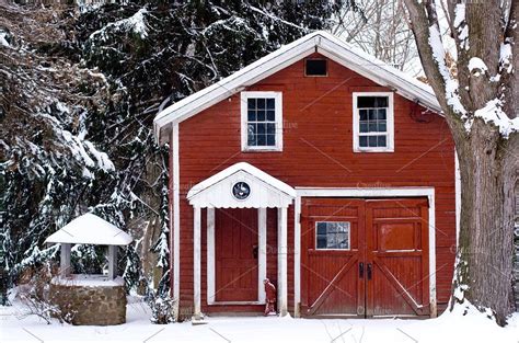 Red Rustic Cabin in Winter