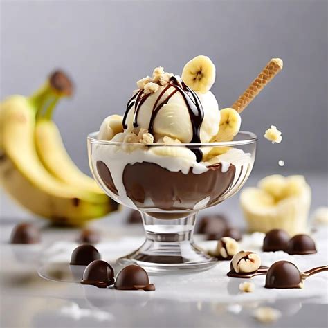 Premium AI Image | banana with ice cream with cream nuts and sugar ...