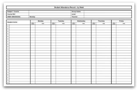 Printable Weekly Attendance Sheet in PDF format