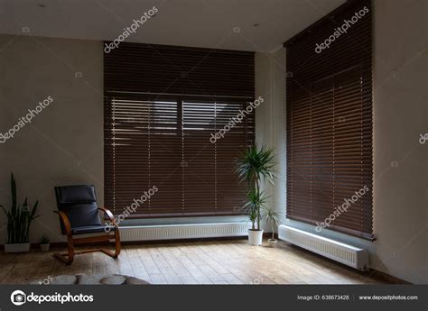 Wooden Blinds Large Windows Interior Living Room Armchair Houseplants Windows Stock Photo by ...