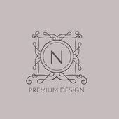 Simple and graceful floral monogram design template. Elegant line art logo design. Letter R, M ...
