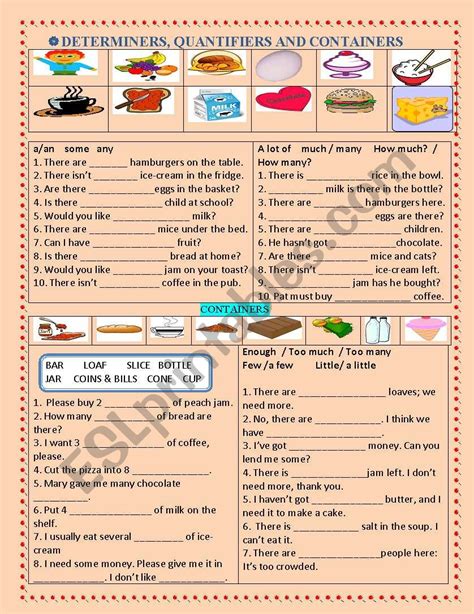 DETERMINERS, QUANTIFIERS & CONTAINERS - ESL worksheet by pipoto