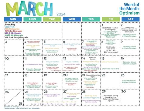 March 2024 Pre-K through 6th grade events calendar – Zachary Community School District