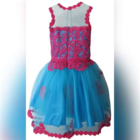 Cerise pink lace and turquoise girls evening dress | Girls evening dresses, Pink chiffon ...