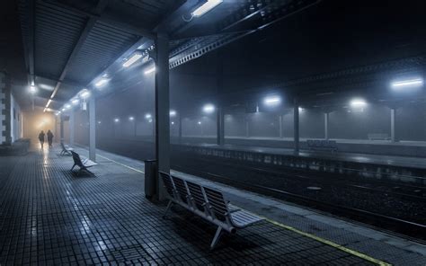 Wallpaper : 2100x1313 px, bench, blue, lights, mist, night, people, railway, Spain, train ...