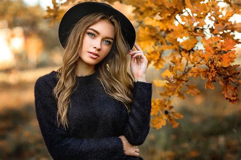 HD wallpaper: autumn, look, leaves, branches, pose, model, portrait, hat | Wallpaper Flare